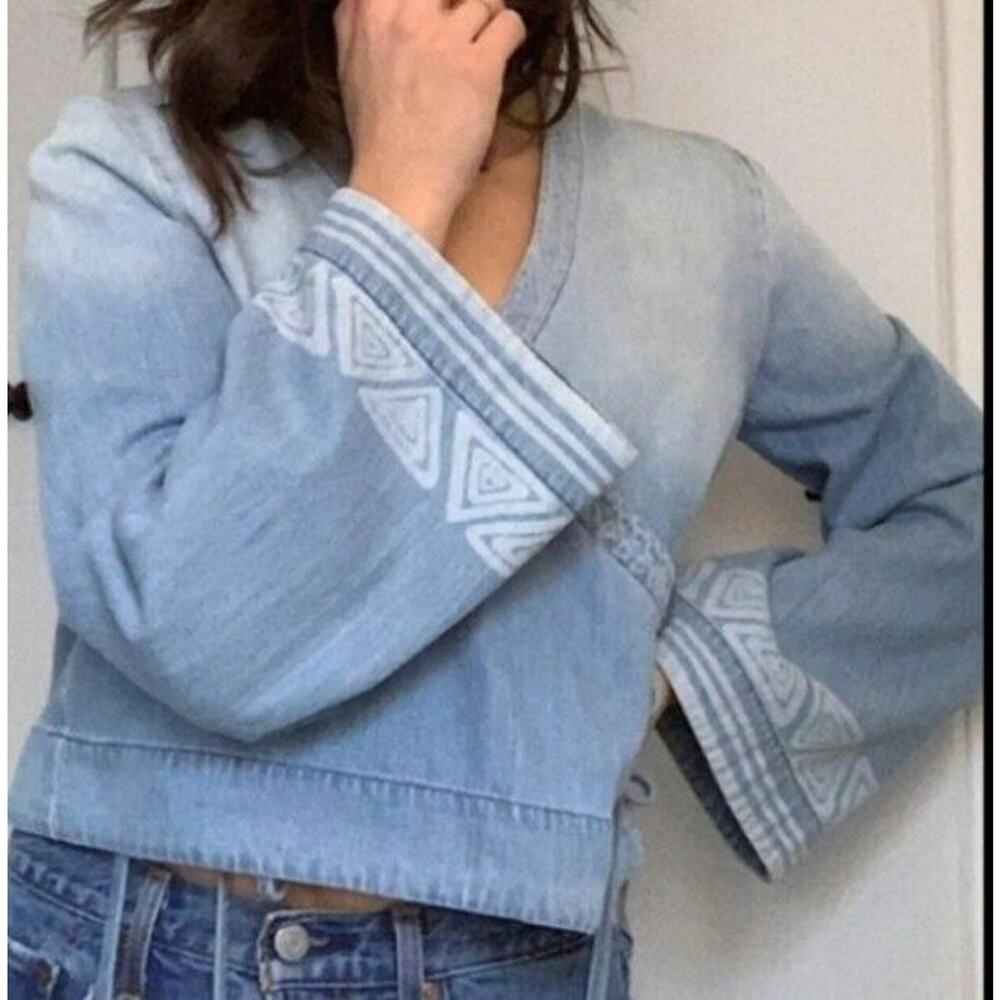 Anthropologie Cloth Stone Wrap Front Denim Top Wide Sleeves Small
